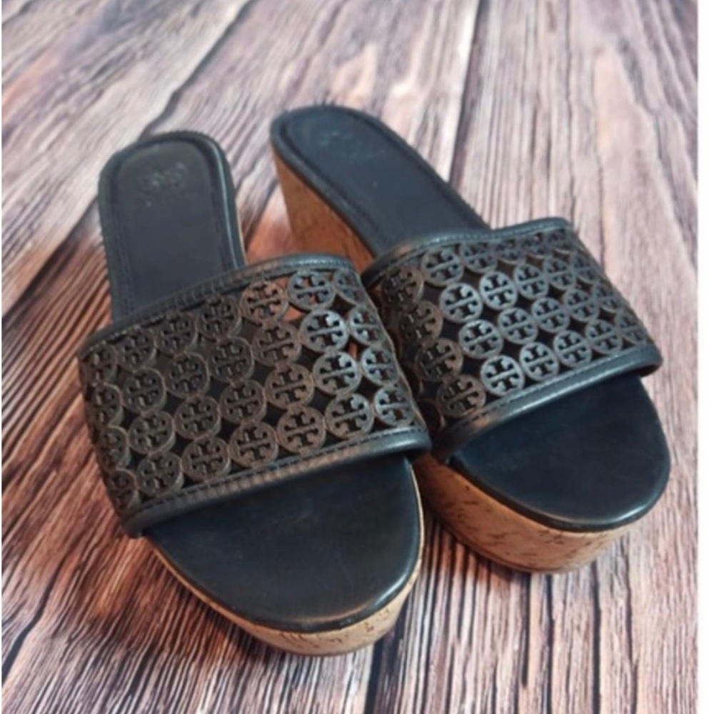 Tory Burch Black Laser Cut Leather‎ Slide Cork Wedge Platform Sandals 9.